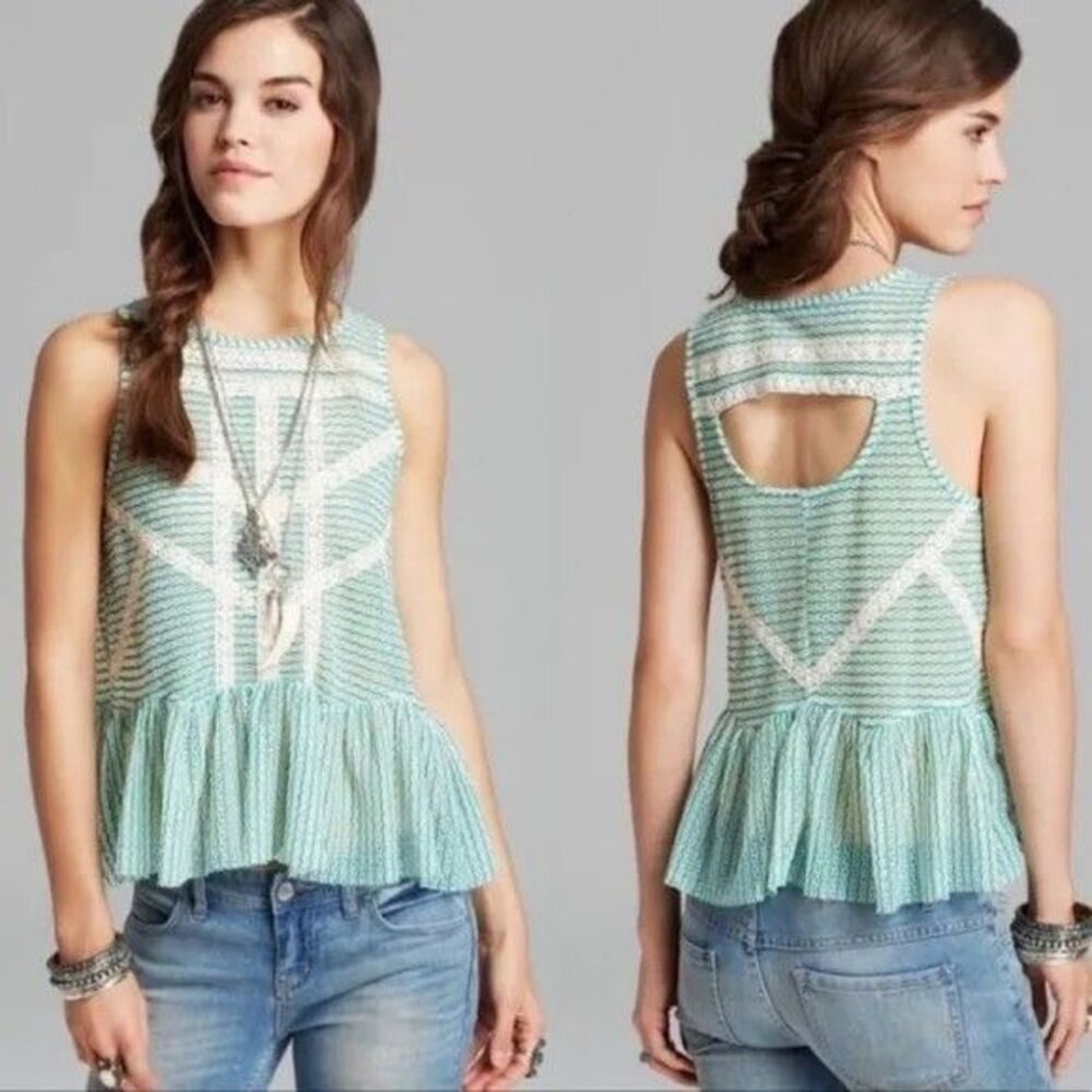 Free People Ivory & Green Lace Peplum Top: Back Cut-Out Detail - Size XS